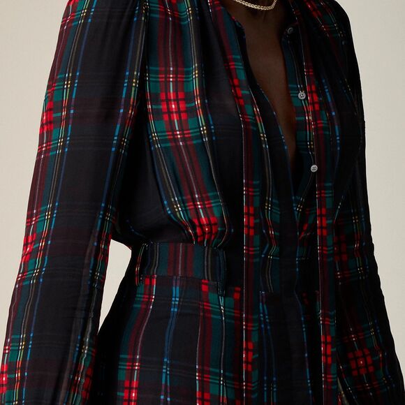 NWT J.Crew Tie-Neck Dress in Stewart Tartan Viscose Chiffon Black Red Green XS - Picture 4 of 15